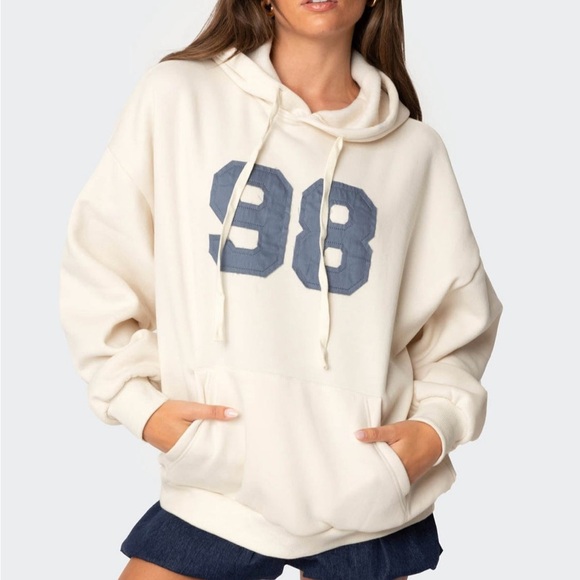 Edikted Tops - Edikted Cream and Blue Oversized Hoodie Sweatshirt